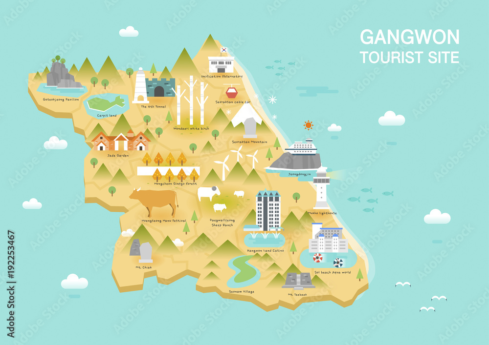 Wall mural illustration of vector flat design postcard with famous korea landmarks icons on the map