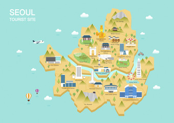 Illustration of vector flat design postcard with famous Korea landmarks icons on the map