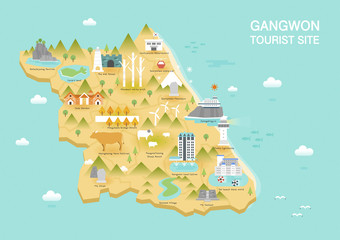 Illustration of vector flat design postcard with famous Korea landmarks icons on the map