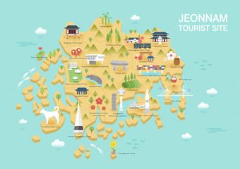 Illustration of vector flat design postcard with famous Korea landmarks icons on the map