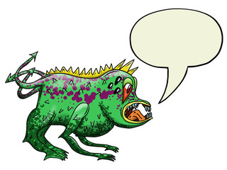 Crazy strange space alien or monster with speech bubble. Original colored illustration