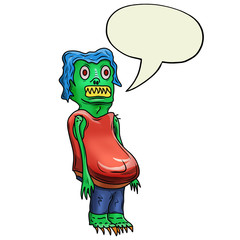 Crazy strange space alien or monster with speech bubble. Original colored illustration