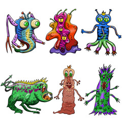 Crazy strange space alien or monster set of 6. Original colored illustrations