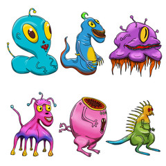 Naklejka premium Crazy strange space alien or monster set of 6. Original colored illustrations