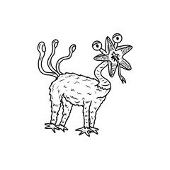 Crazy strange space alien monster wearing a helmet. White background.  Original outline illustration
