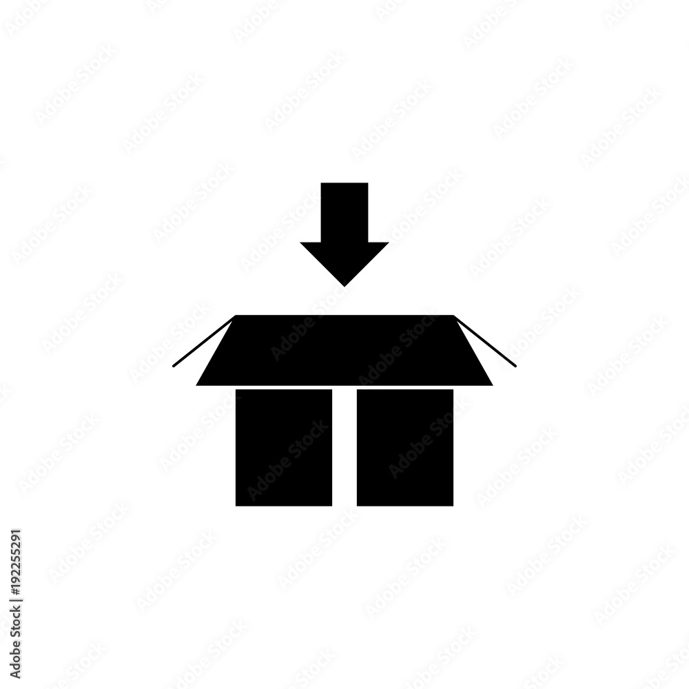 Poster an arrow in the bottom above the packing box icon. element of logistic for mobile concept and web ap