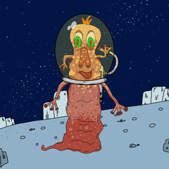 Fototapeta premium Crazy strange space alien or monster on a blue planet, asteroid or moon. Original colored illustration