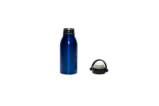 Blue stainless thermos bottle isolated on white background. Clipping path included.
