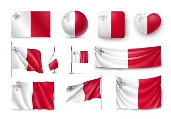 Set Malta flags, banners, banners, symbols, flat icon. Vector illustration of collection of national symbols on various objects and state signs