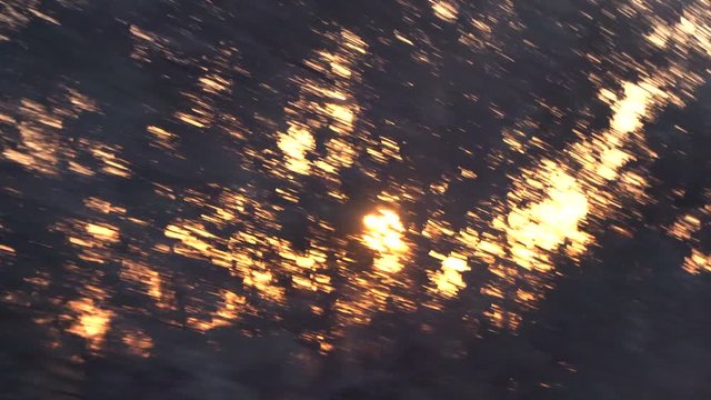 Travelling sun peaking through trees on a sunny day. Steady cam fast movement sunset view from car window.