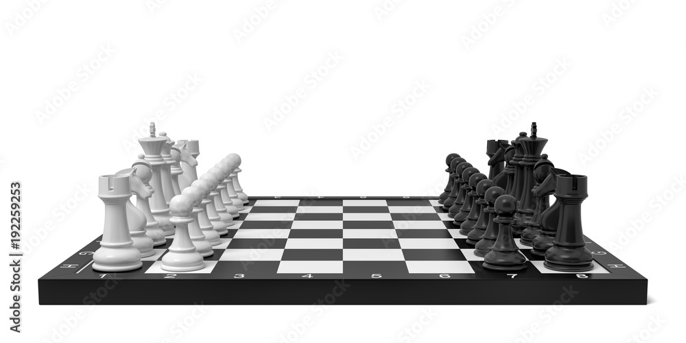 Poster 3d rendering of a chess board with a full set of figures in the starting position.