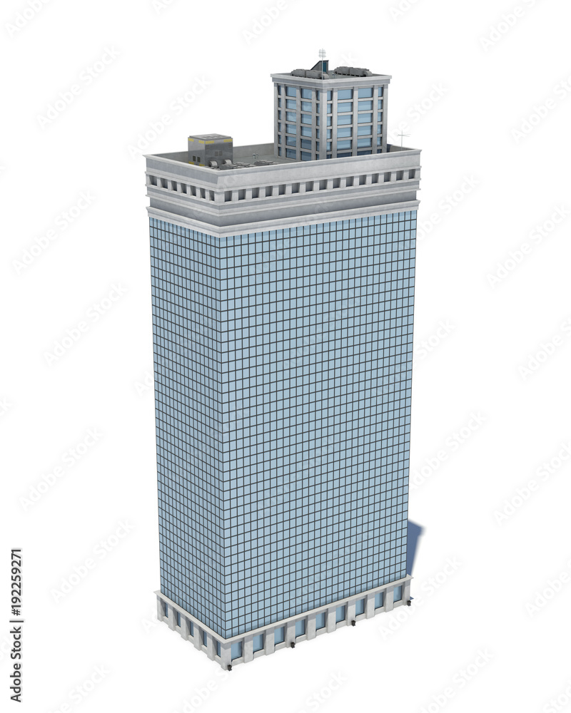 Poster 3d rendering of a white high office building with many large windows.