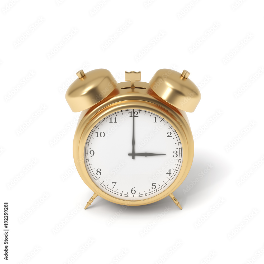Poster 3d rendering of a retro alarm clock covered in gold standing on a white background.