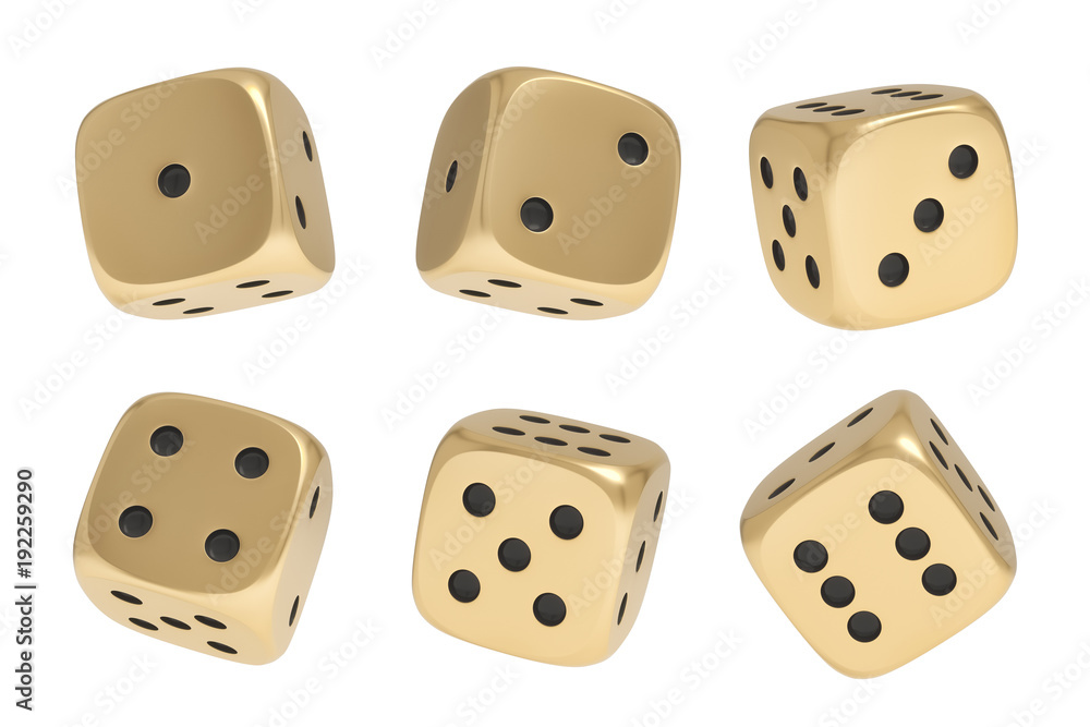 Poster 3d rendering of a set made up of nine golden game dice in different sides and angles on a white back