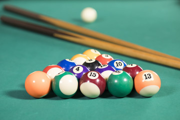 Billiard balls and sticks on the pool table