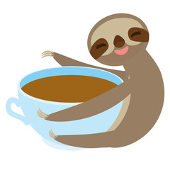 Sloth and blue cup coffee, tea, cute kawaii Three-toed sloth isolated on white background. Vector
