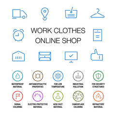 Icons set for work clothes online shop. Linear. Colored on white.