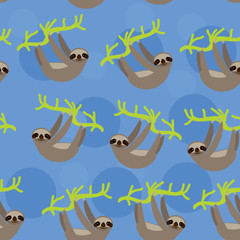 seamless pattern funny and cute smiling Three-toed sloth on green branch tree creeper, blue trendy background. Vector