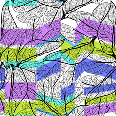 Leaves black contours, Rainbow bright blue lilac purple green modern trendy background. floral seamless pattern, hand-drawn. Geometric abstract background for site, blog, fabric. Vector