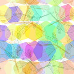 Leaves contours, Rainbow bright magenta pink orange turquoise lilac purple modern trendy floral seamless pattern, hand-drawn. Geometric abstract background for site, blog, fabric. Vector