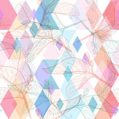 Fototapeta na wymiar Leaves contours, Rainbow magenta pink orange turquoise lilac purple modern trendy floral seamless pattern pastel colors on white. hand-drawn Geometric abstract background for site blog fabric. Vector