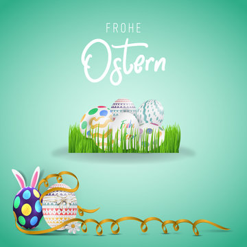 Bunte Ostereier. Frohe Ostern. Happy easter image vector. Modern happy Easter background with colorful eggs, bunny, rubbit, and spring flower. Template Easter greeting card, vector. 