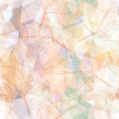 Leaves contours, pastel colours pink orange turquoise lilac purple modern trendy floral seamless pattern, hand-drawn. Geometric abstract background for site, blog, fabric. Vector