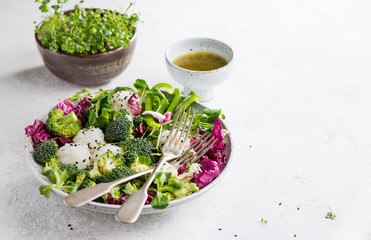 Healthy homemade veggies salad, diet, vegetarian, vegan food. Food background with copy space.