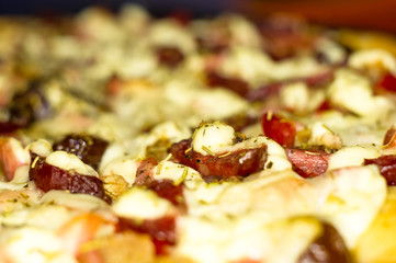 homemade pizza with peppers, plums, ham, sausage, cheese and spices, closeup