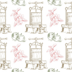 Vector colorful seamless pattern with presses for squeezing, apples and flowers. Perfect for apple cider, juice, wallpapers, surface textures and more creative designs. Hand-drawn illustration.