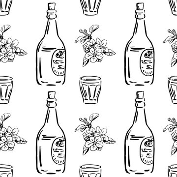 Vector seamless pattern with flowring branch and bottles with glasses. Perfect for surface textures, textile, pattern fills and more creative designs. Hand-drawn illustration in black and white.