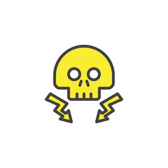 High voltage death skull with lightning beam filled outline icon, line vector sign, linear colorful pictogram isolated on white. Danger electricity symbol, logo illustration