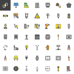 Electrician elements filled outline icons set, line vector symbol collection, linear colorful pictogram pack. Signs, logo illustration, Set includes icons as high voltage, electric meter, power supply