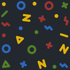 Geometric cheerful shapes pattern. Vector cheerful design on dark background