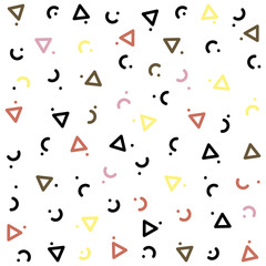Vector abstract geometric pattern Memphis style on a white background. Triangle, half circle and dot shapes in different colors