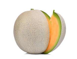 whole and slice of japanese melons, orange melon or cantaloupe melon with seeds isolated on white background