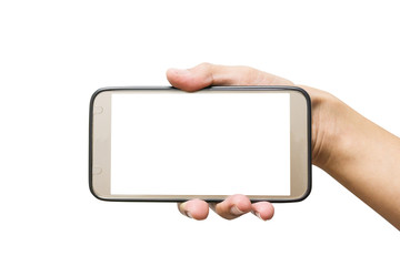 Isolated hand holding smart phone on white background