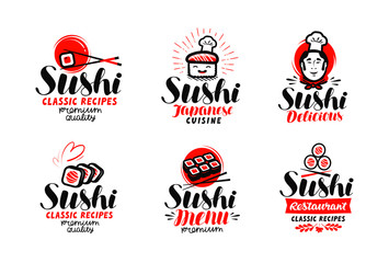Sushi, sashimi logo or label set. Japanese cuisine, fast food typography. Lettering vector illustration