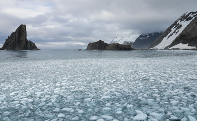 Elephant Island with cloudy skies above and a bay filled with sea ice in the foreground.