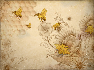 Naklejka premium Honey bees and wildflowers