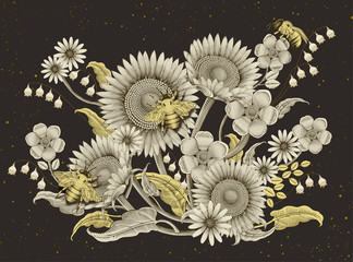 Obraz premium Honey bees and flowers background