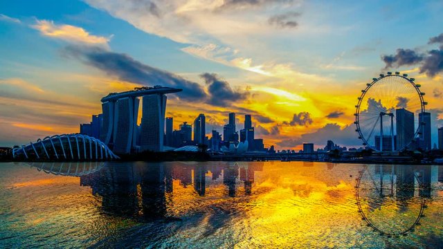Singapore Skyline. Singapore`s business district, marina bay sand and the garden by the bay on sunset