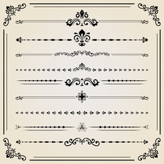 Obraz premium Vintage set of black decorative elements. Horizontal separators in the frame. Collection of different ornaments. Classic pattern. Set of vintage patterns