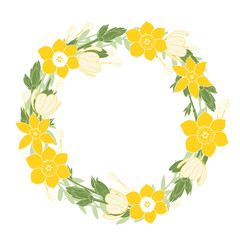 Obraz premium Spring wreath with tulips and daffodils. Vector illustration.