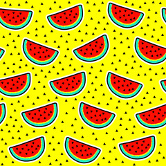 Watermelon slices with seeds seamless pattern. Yellow background.