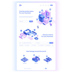 Find commercial real estate for your business. Choose criteria for office. Isometric vector illustation with buildings. Landing page concept