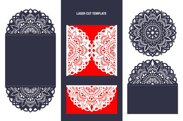 Set of wedding invitation or greeting card with mandala lace ornament. Die cut paper envelope. Wedding invitation envelope template for laser cutting. Islam, Arabic, Indian, ottoman motifs. Vector