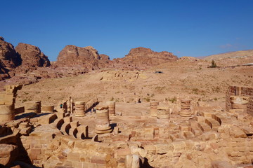 Roman columns of the Great temple complex in Petra (Rose City), Jordan. The city of Petra was lost for over 1000 years. Now one of the Seven Wonders of the Word