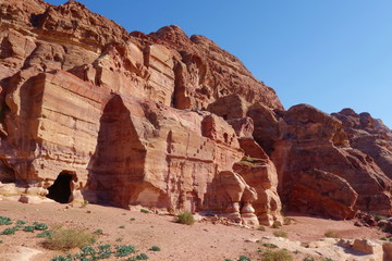 Panoramic view of Rock cut tombs in the ancient Arab Nabatean Kingdom city of Petra, Jordan, Middle East