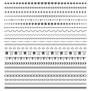 Geometric horizontal vintage fashion pattern.     Dividers vector set isolated on white background. Line border and text design element. Trendy styled ornaments.